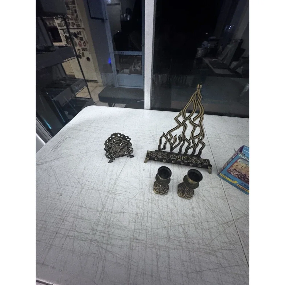 Vintage Israeli Brass Flame Menorah Set Eilat Stone Napkin Holder Candlesticks